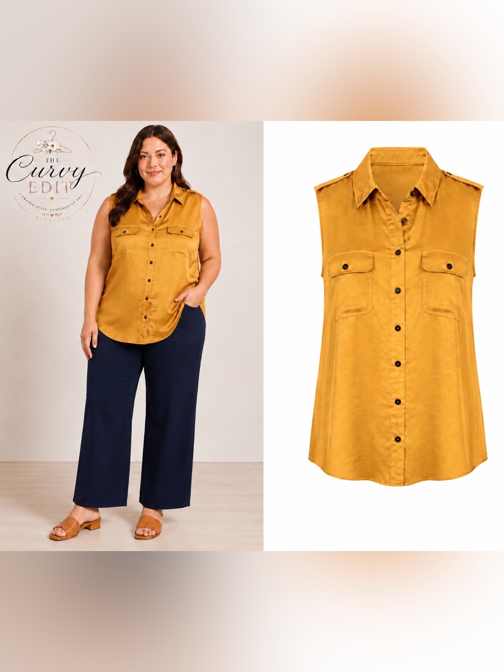 New York & Company XL Mustard Sleeveless Utility Button Front Blouse